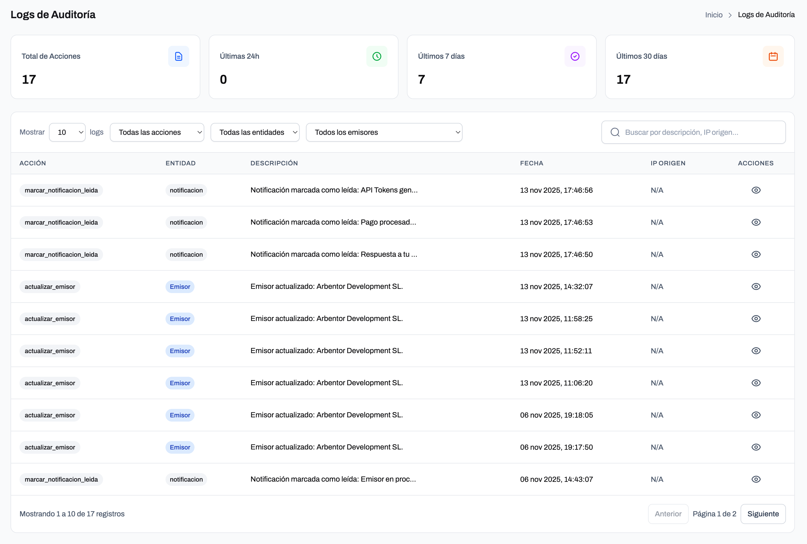 Panel de logs de auditoría del sistema OkVerifactu