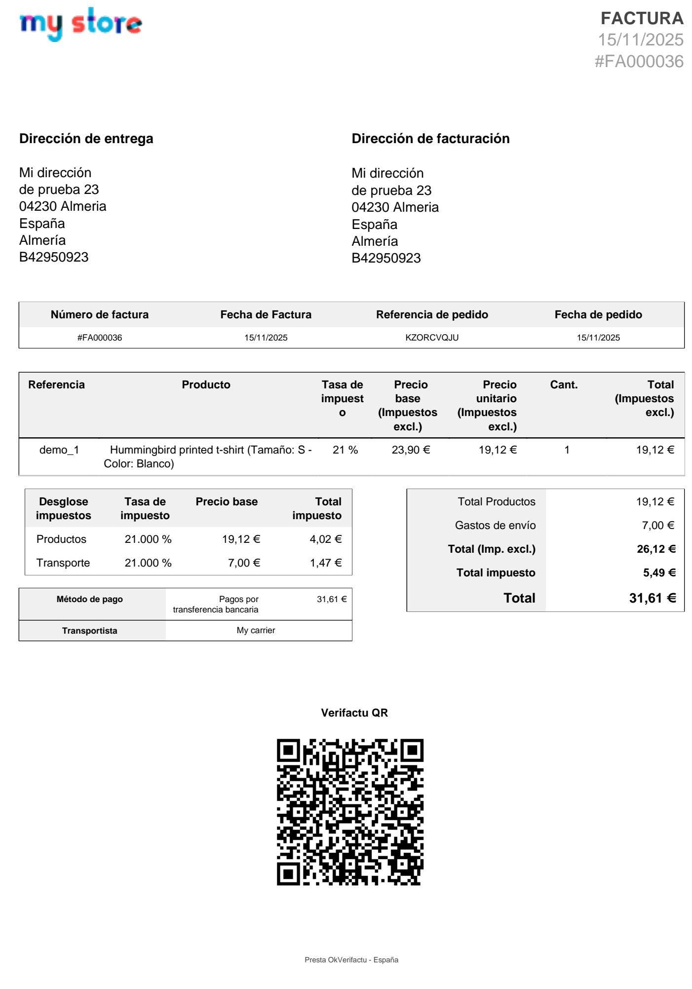 Factura VeriFactu con código QR de validación